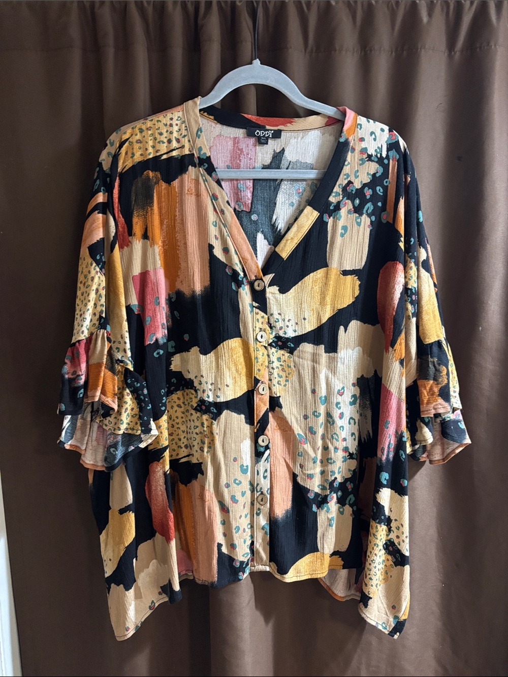 ODDY Black Abstract Print Button-Front Blouse with Mustard & Pink Accents